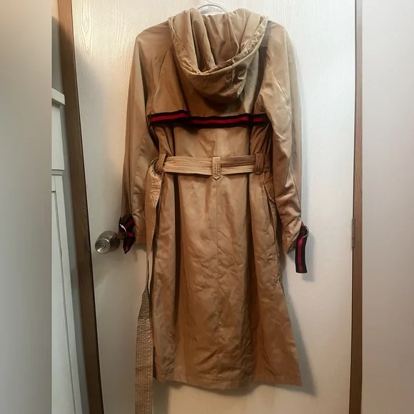 NWOT Rachel Roy Grosgrain Trim Tan Trench Coat Red/Black Ribbon Accents Sz Small - Picture 7 of 8